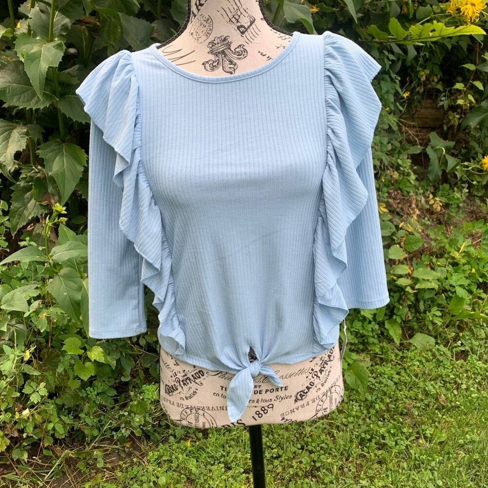 NWOT Ribbed light blue ruffle long sleeve shirt with tie detail